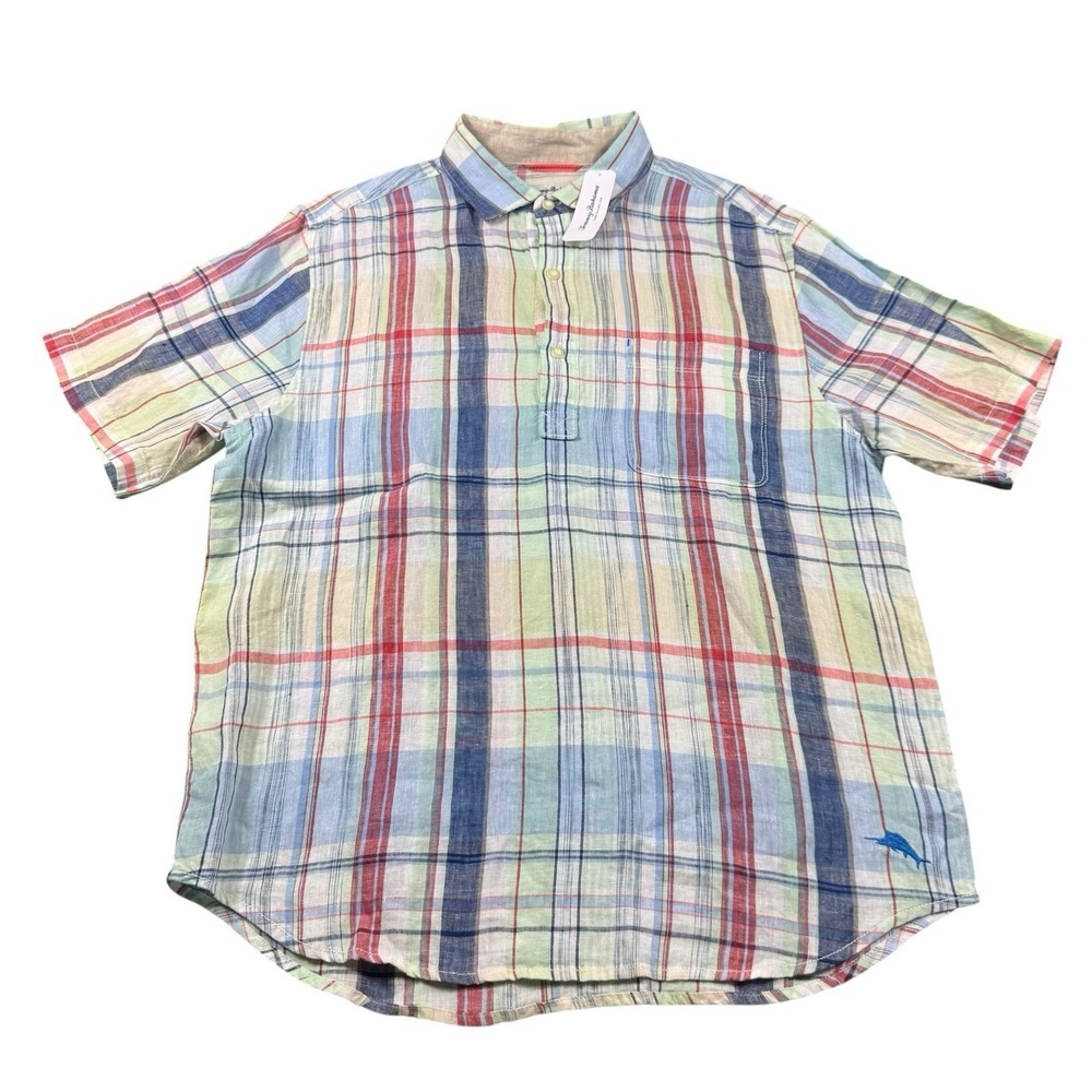 Tommy Bahama Mens Multicolor Checked 1/2 Button Pure Linen Shirt Size M NWT